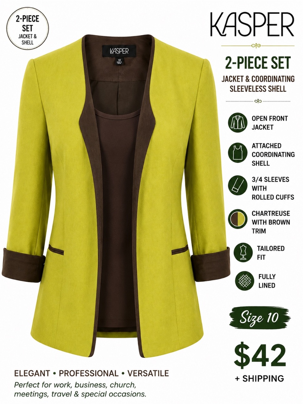 Kasper Women’s Chartreuse Open Jacket & Shell Set Brown Trim 3/4 Sleeve Size 10